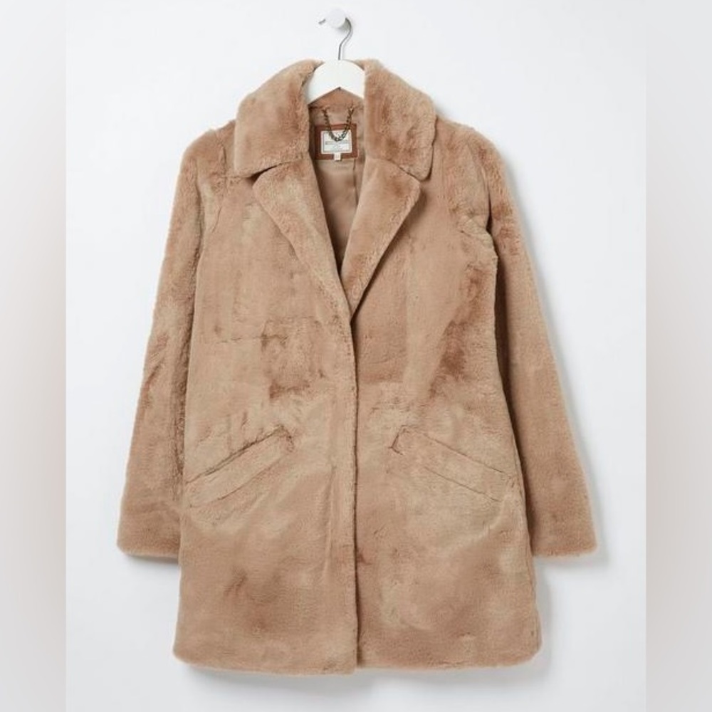 FatFace Felicity Long (Faux) Fur Coat in Caramel Size 12